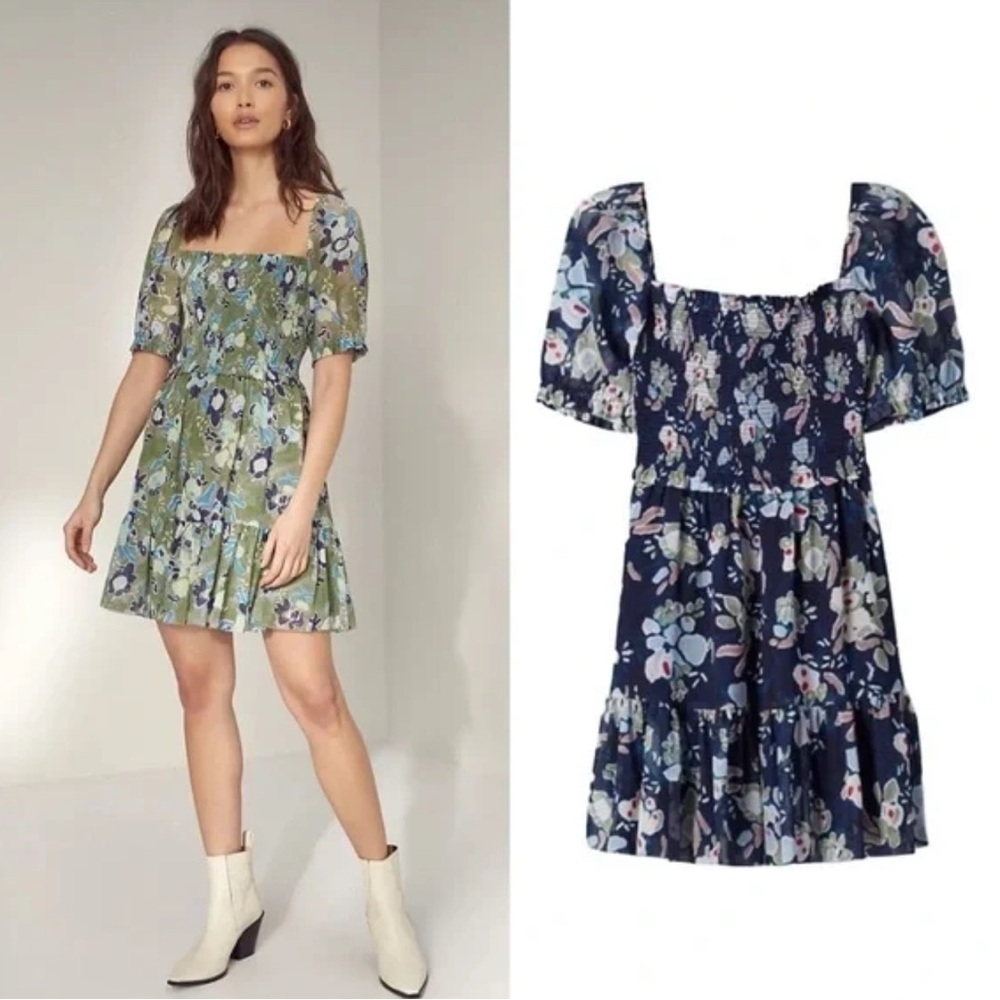 Aritzia Wilfred Dress Small S Blue Mini Babydoll Long Sleeve Cowgirl Smocked